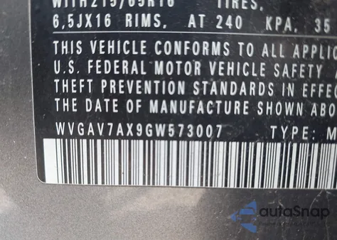 2016 Volkswagen Tiguan S from USA, damaged, VIN WVGAV7AX9GW573007